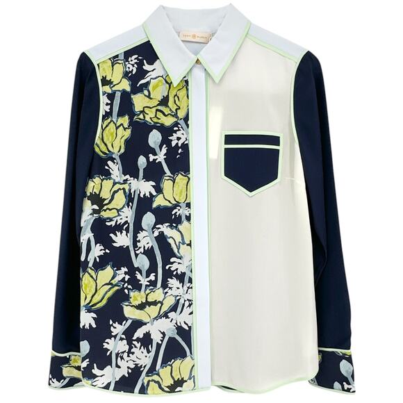 TORY BURCH Printed Contrast Silk Shirt in Navy Poppies Bloom 4 - Picture 1 of 9